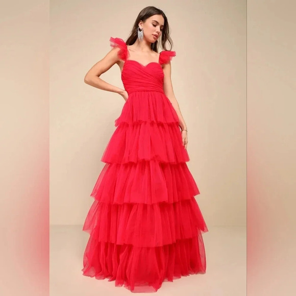 Lulus Fabulous Poise Bright Red Tulle Ruffled Tiered Maxi Dress Party Prom - Picture 2 of 11
